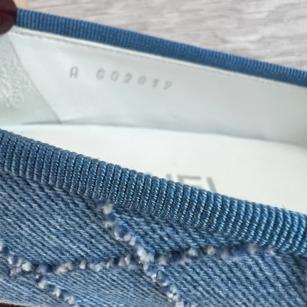 CHANEL Blue Denim and Black Cap-Toe Bow Flats